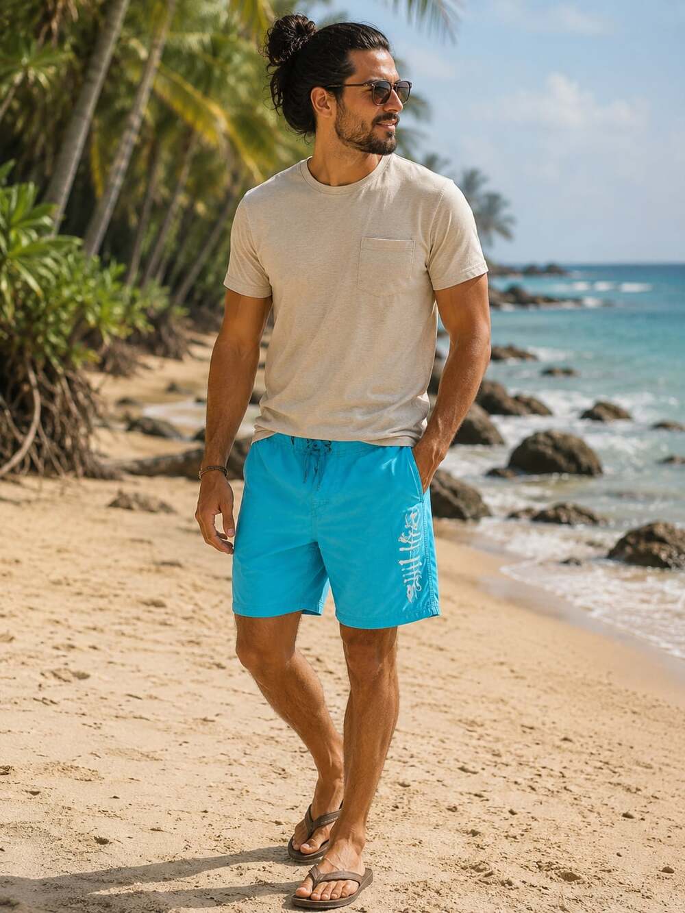 Salt Life Men's Blue Board Shorts Swim Trunks with Side Logo and Cargo Pocket, S